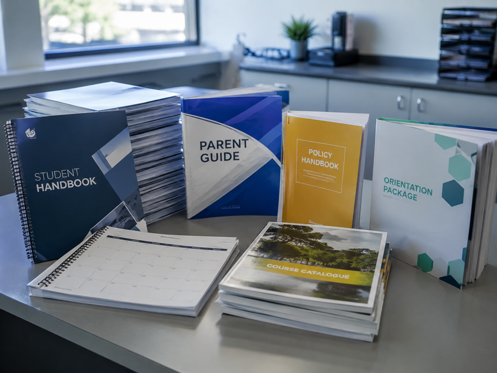 Printed student handbooks, parent guides, policy books, calendars, and course catalogues
