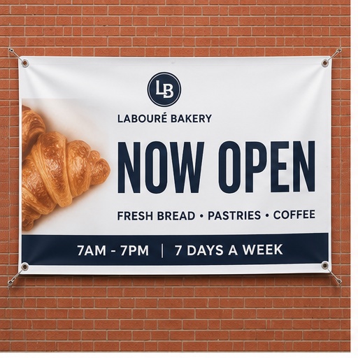 Custom vinyl banner with grommets mounted on a brick wall for a local business promotion.
