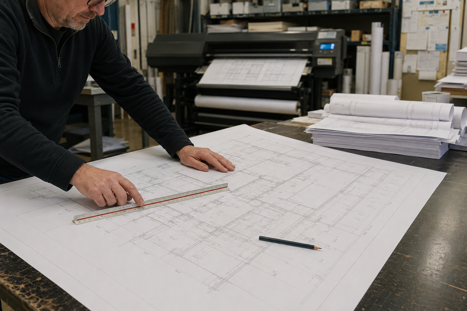 Architect Revising Blueprint in Print Workshop
