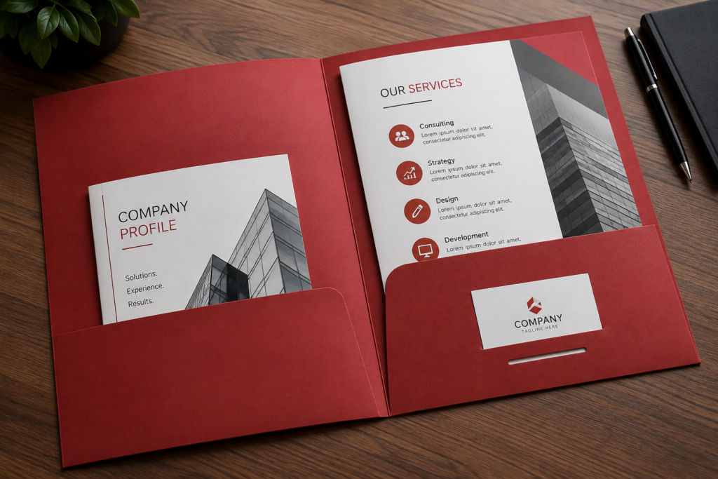 Open red presentation folder with brochures, business documents and business card slot