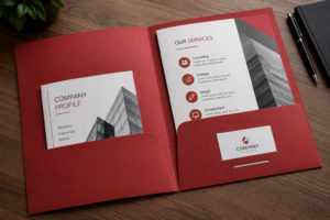 Open red presentation folder with brochures, business documents and business card slot