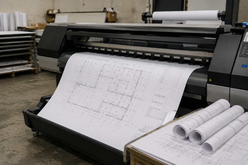 Large format construction plans printing on a wide format printer