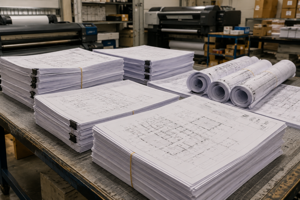 Printed construction plan sets stacked and rolled in a professional print shop