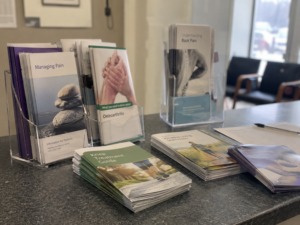 Printed patient education and healthcare booklets displayed at a clinic reception area