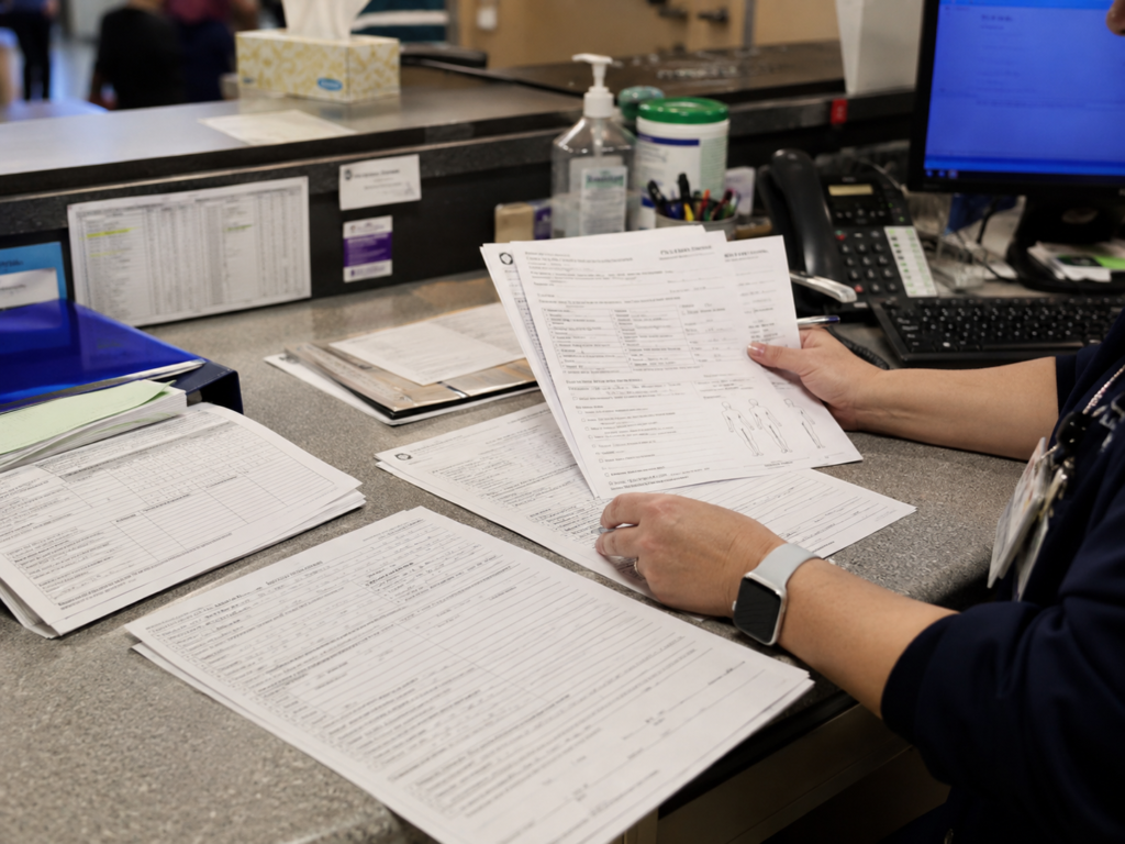 Printed patient intake forms, assessment sheets and healthcare documents at a medical reception desk