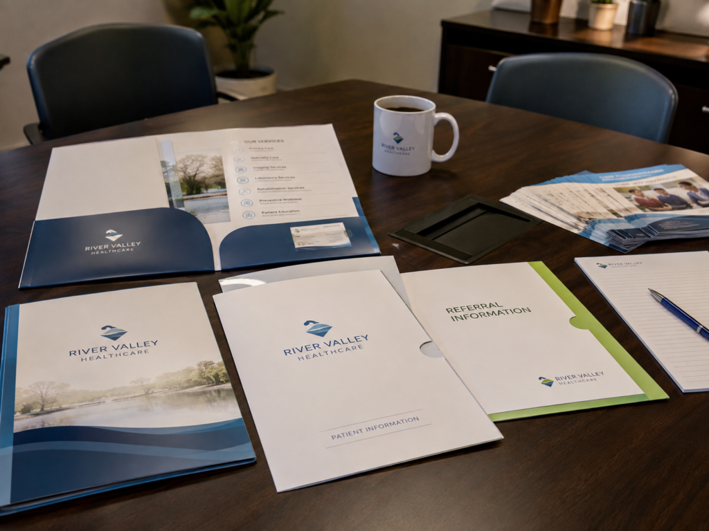 Branded healthcare presentation folders and patient information packages arranged on a meeting table