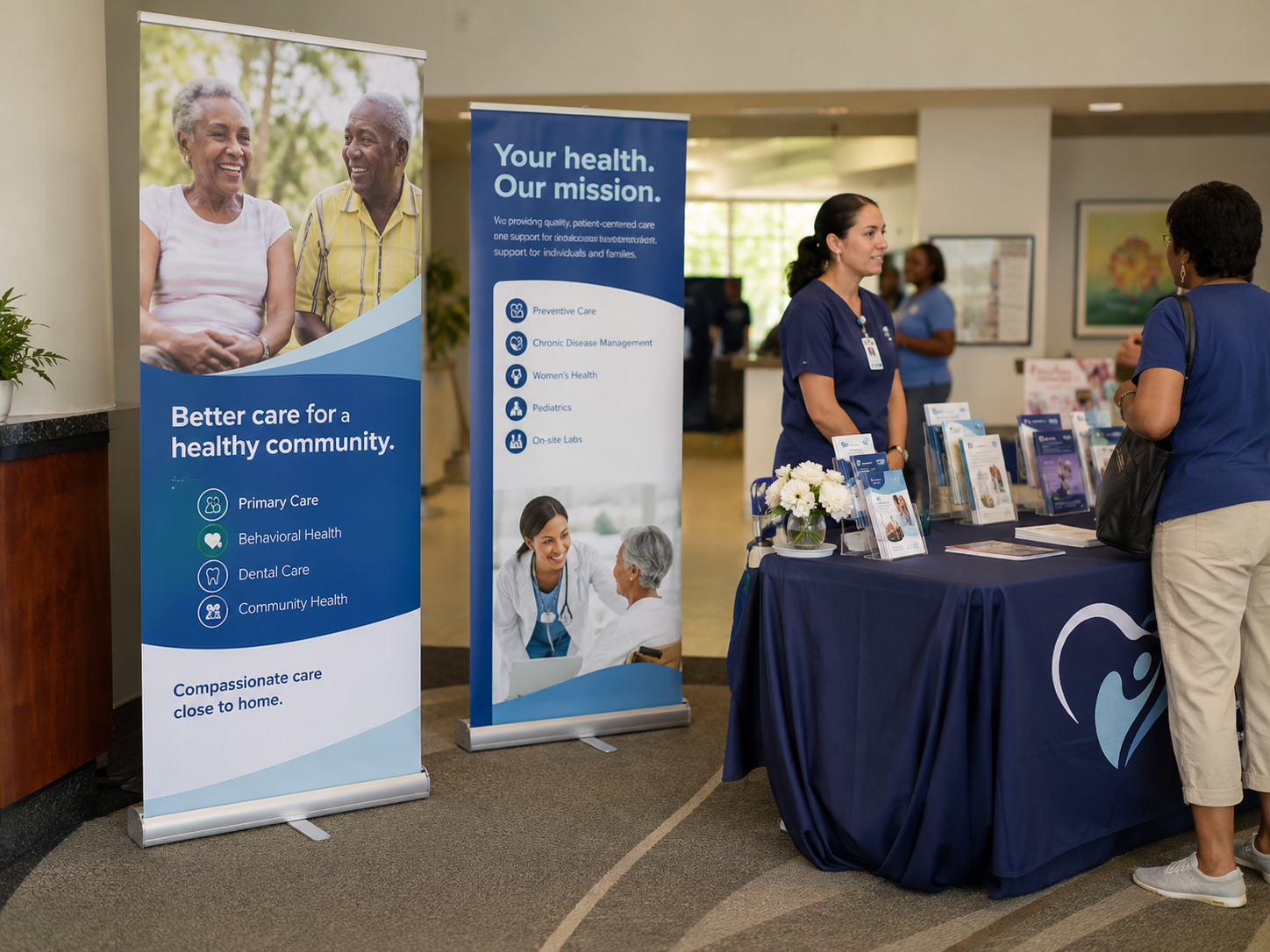 Healthcare roll up banners and printed materials displayed at a community health event