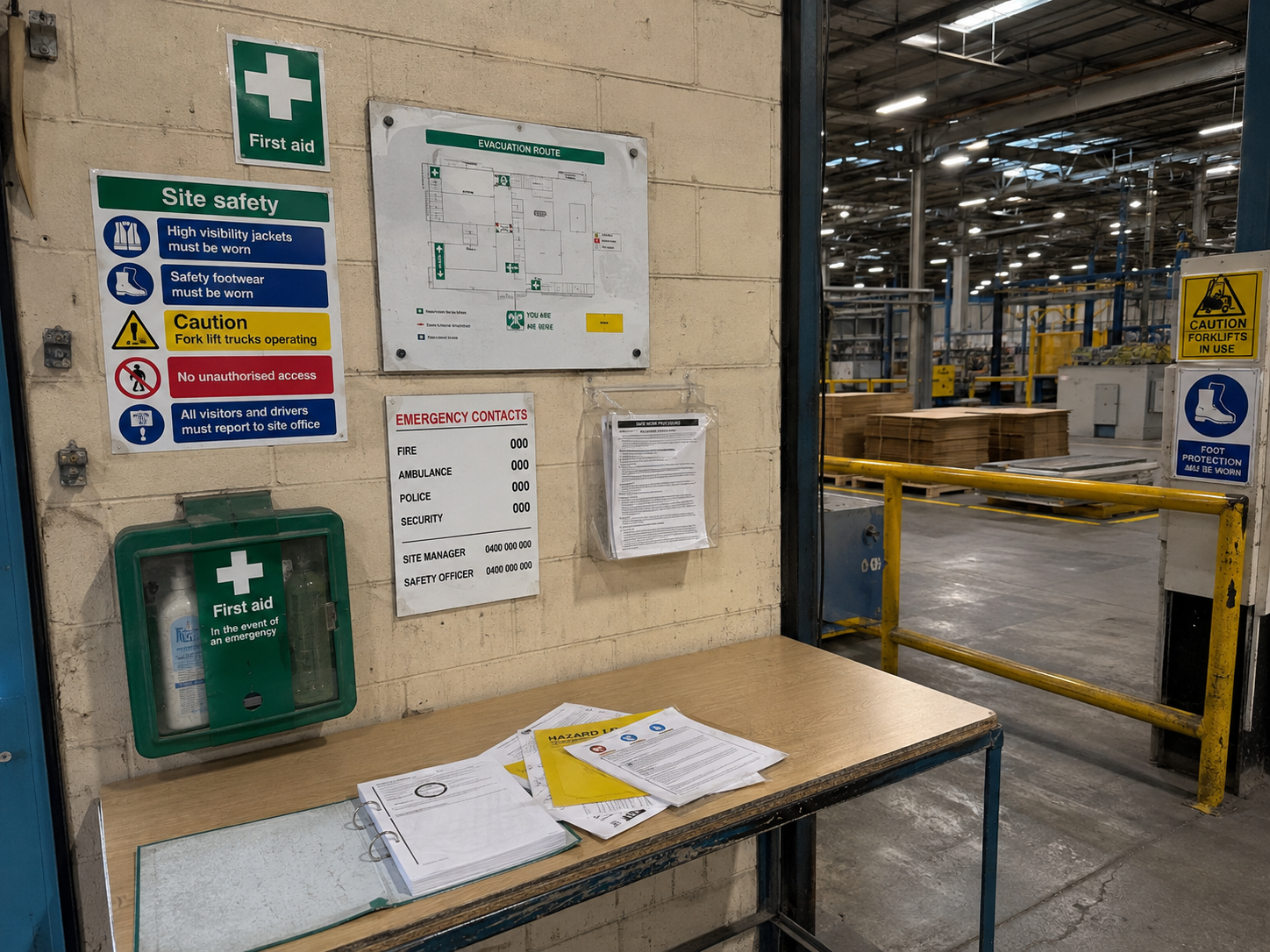 Printed safety signs, emergency information and workplace notices inside a manufacturing facility