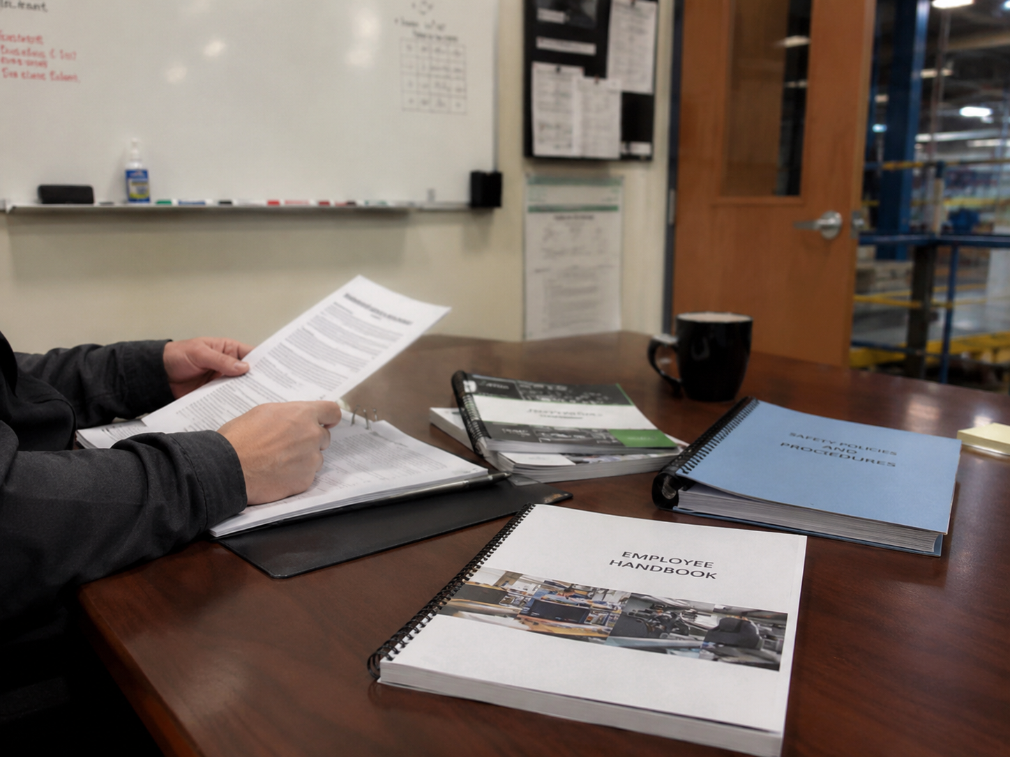 Employee handbook, training manuals and workplace procedure documents in a manufacturing office