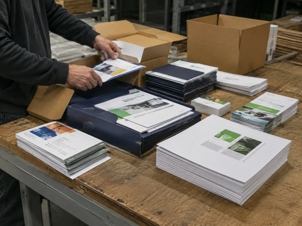 Printed materials being sorted and packed into kits on a warehouse workbench for fulfillment