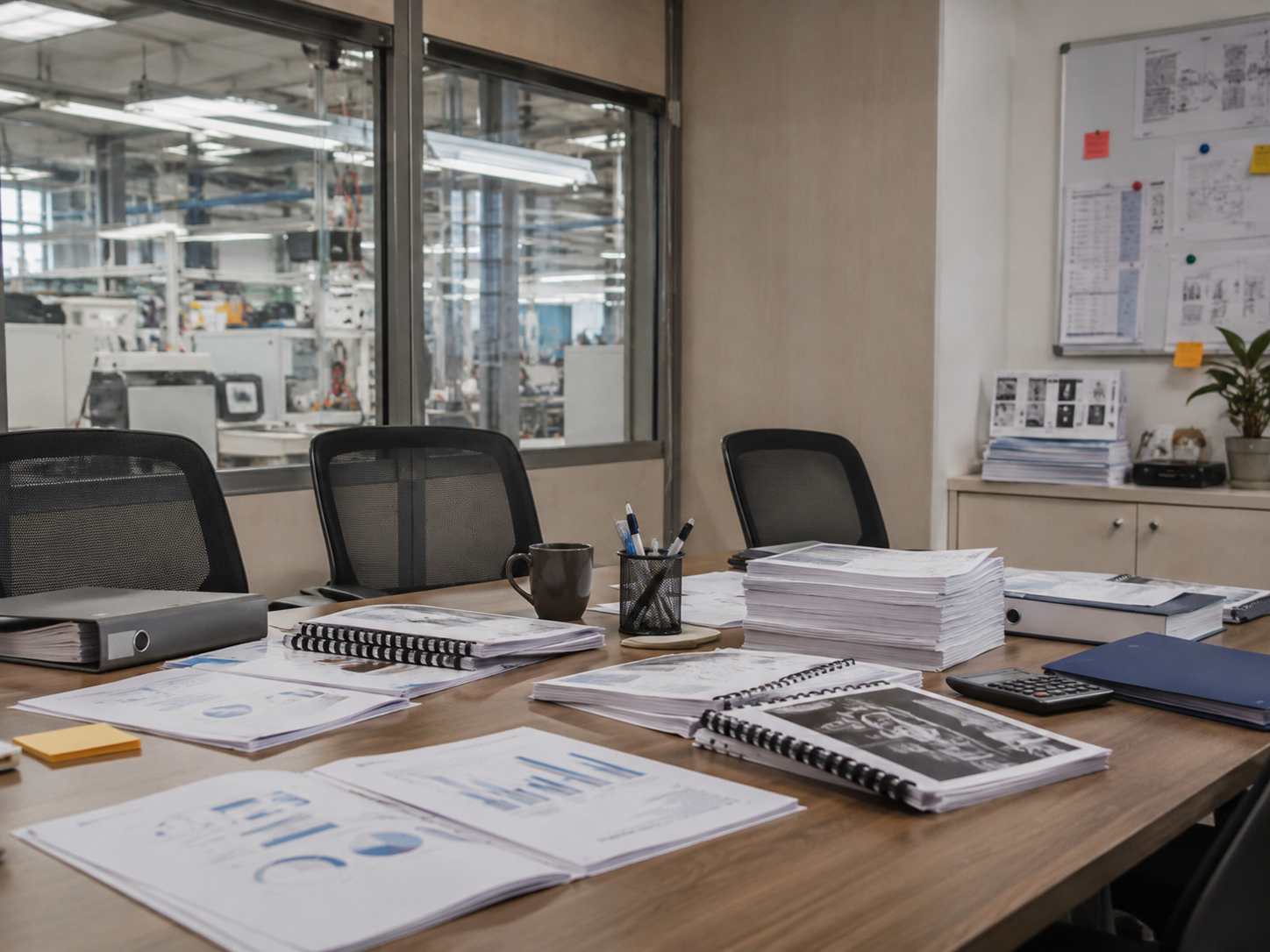 Printed reports, bound documents and presentation materials in a manufacturing meeting room