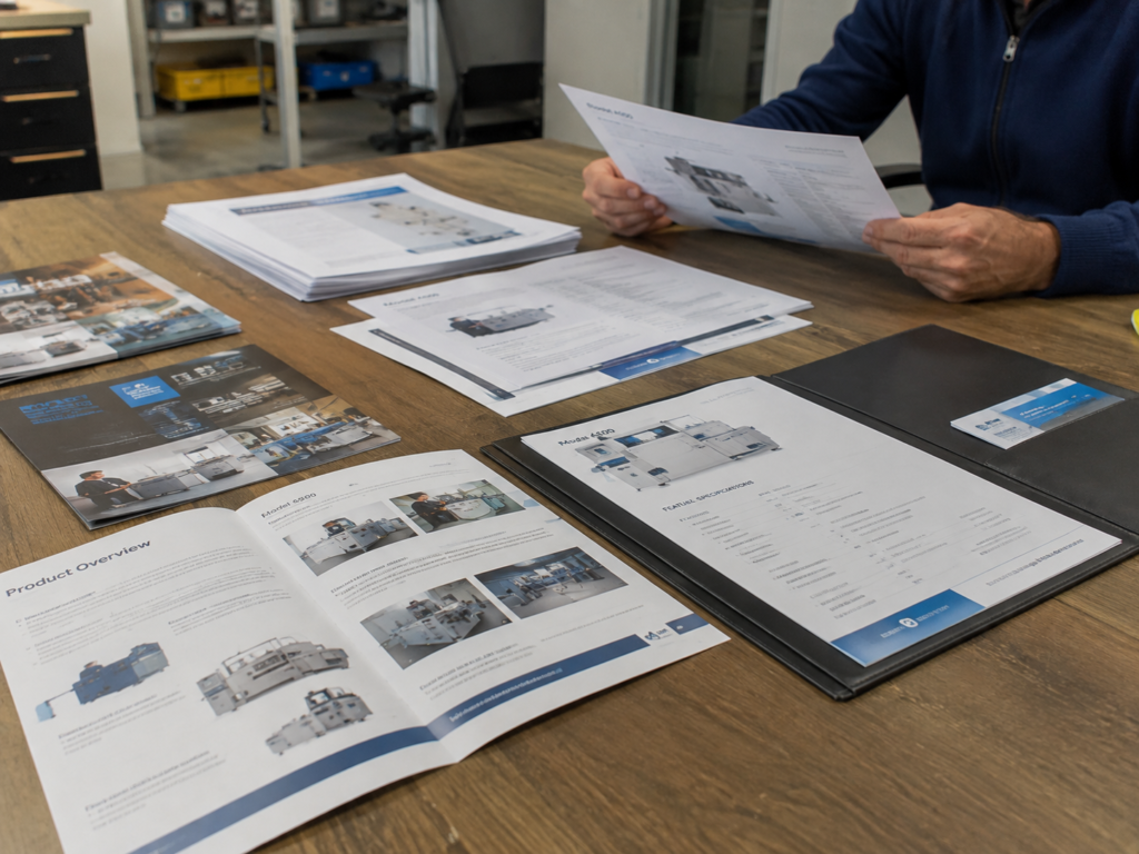 Product sheets, brochures, and sales materials for a manufacturing company spread out on a meeting table