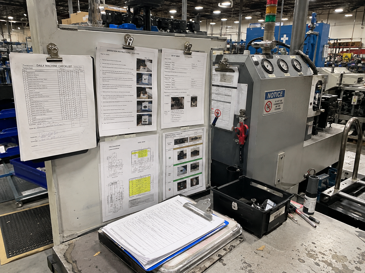 Printed machine checklists, work instructions and production documents displayed beside manufacturing equipment
