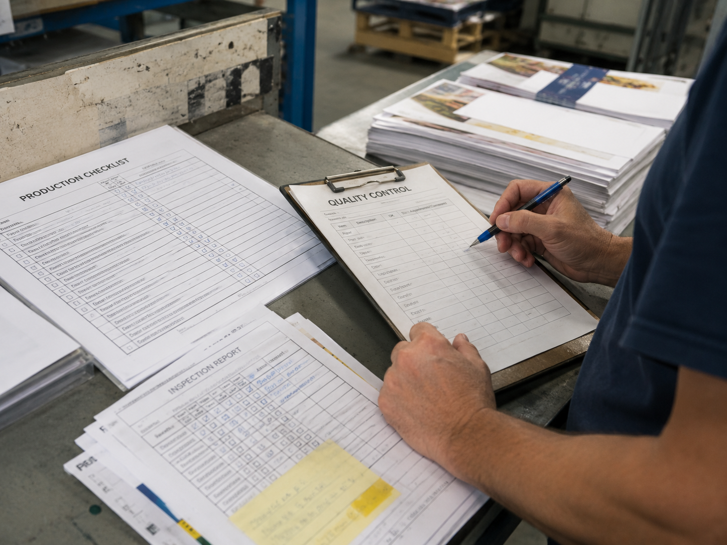 Production checklist and quality control documents being reviewed in a manufacturing workspace