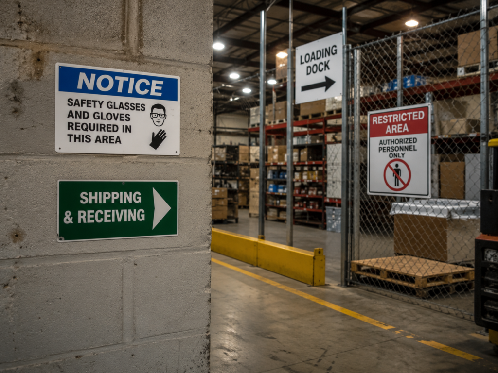 Safety and facility signs inside a warehouse, including restricted area, loading dock, and shipping signs