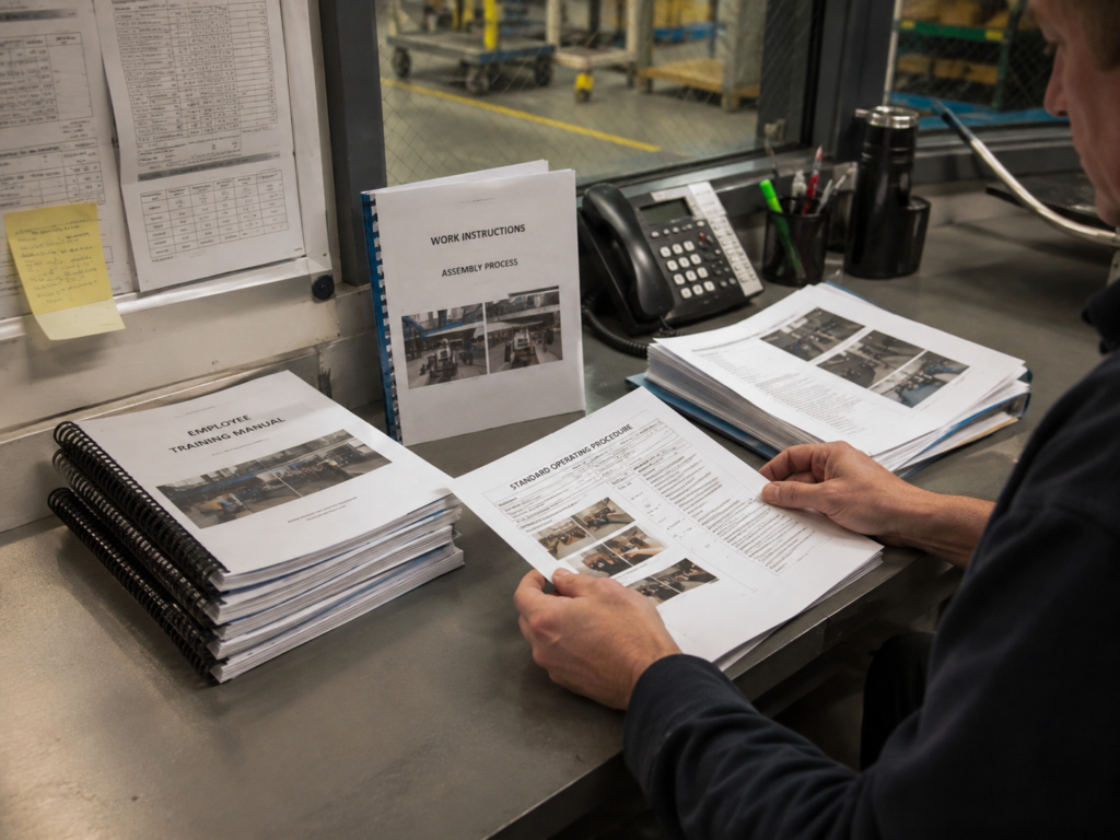 Manufacturing training manuals and work instructions on a desk beside a production floor in Hamilton