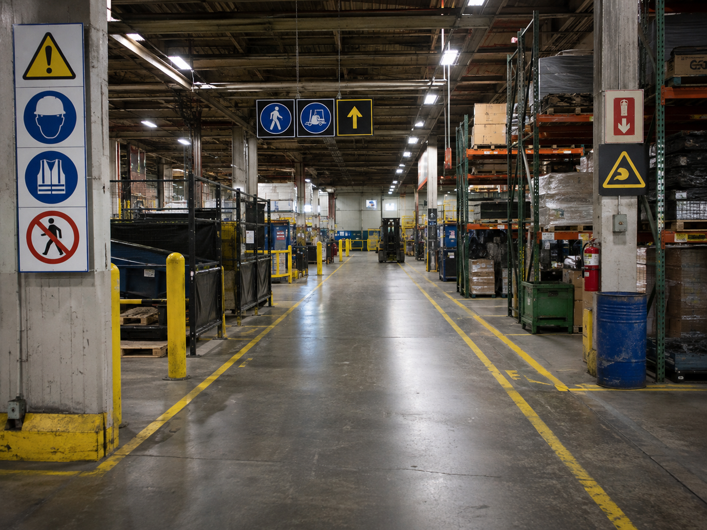 Safety and directional signs displayed in a warehouse aisle inside a manufacturing facility