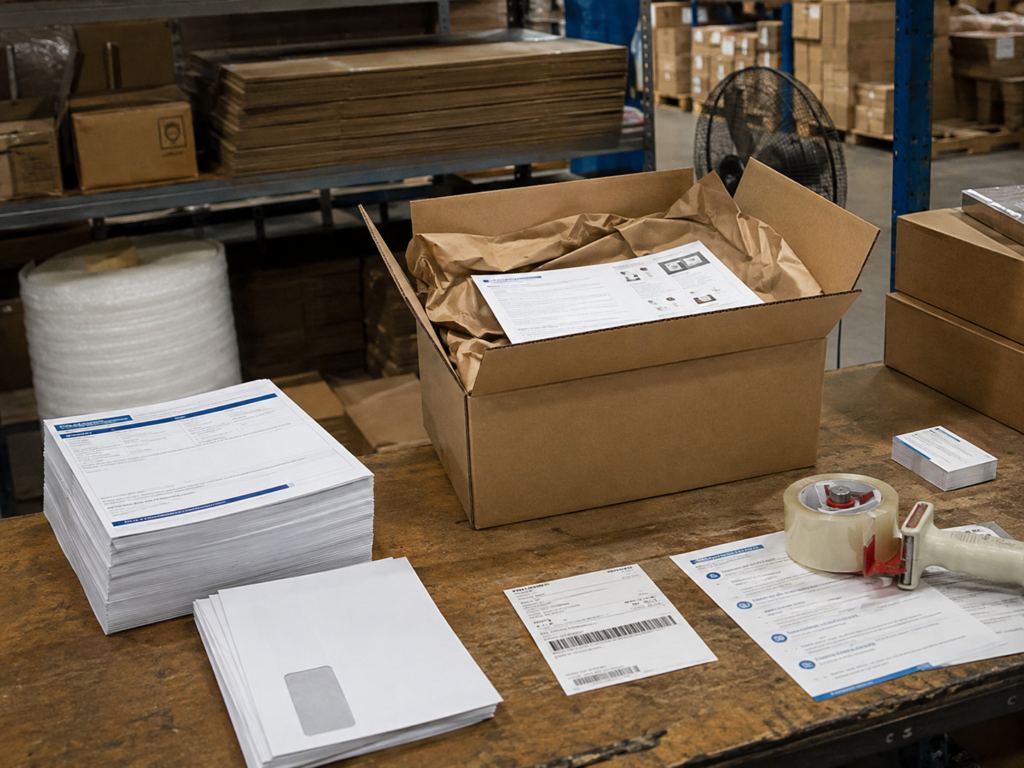 Warehouse shipping materials including printed inserts, envelopes, labels, and packed boxes on a workbench