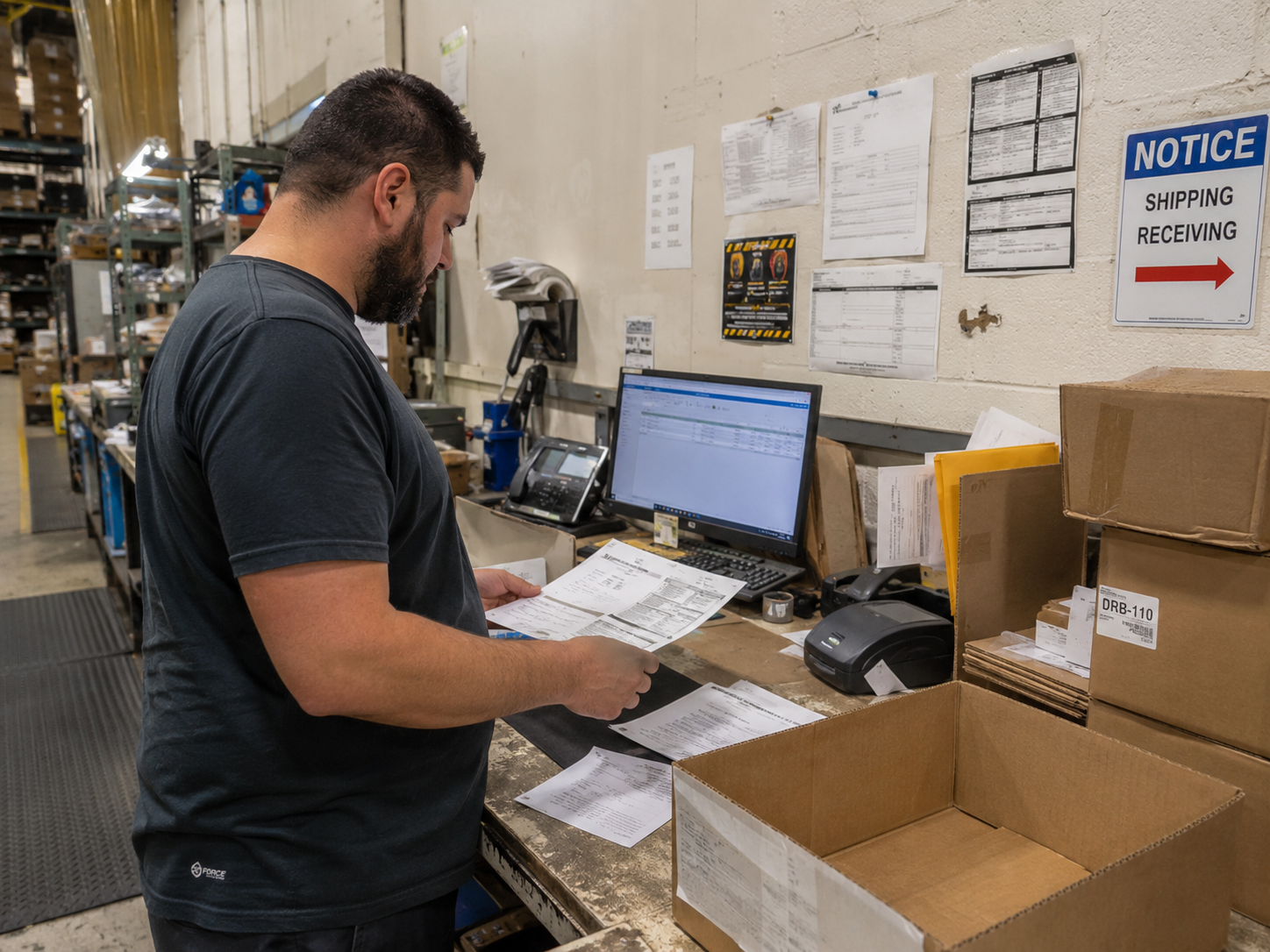 Printed shipping documents, packing materials and warehouse notices at a manufacturing shipping station