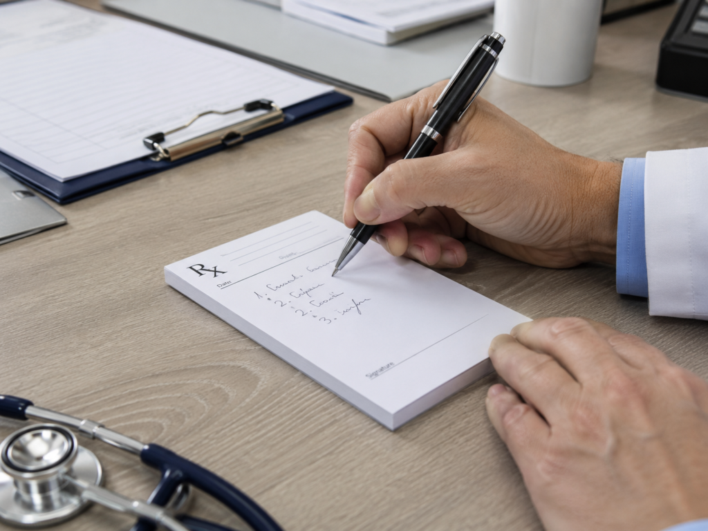 Custom printed prescription pad being used by a healthcare professional at a clinic desk