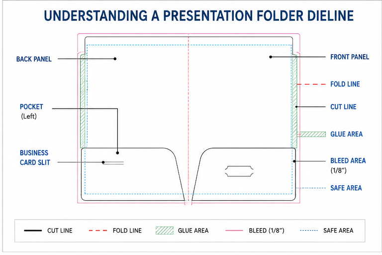 Presentation folder dieline showing cut lines, fold lines, bleed, safe area and pockets