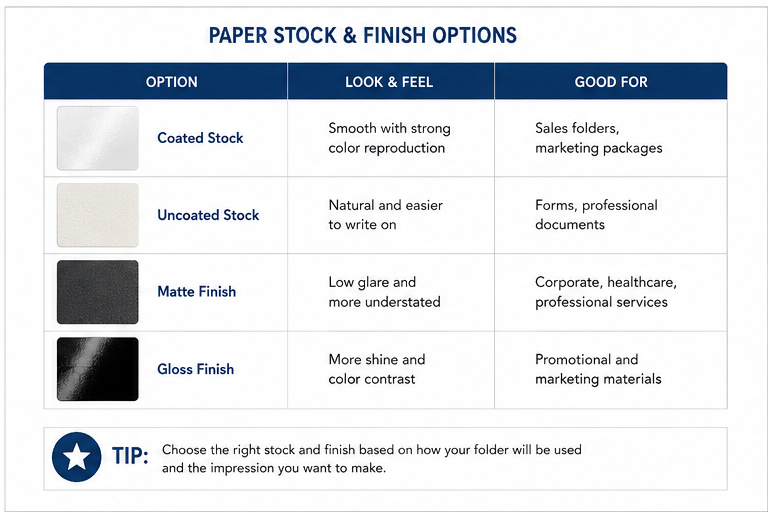 Presentation folder paper stock and finish options including coated, uncoated, matte and gloss