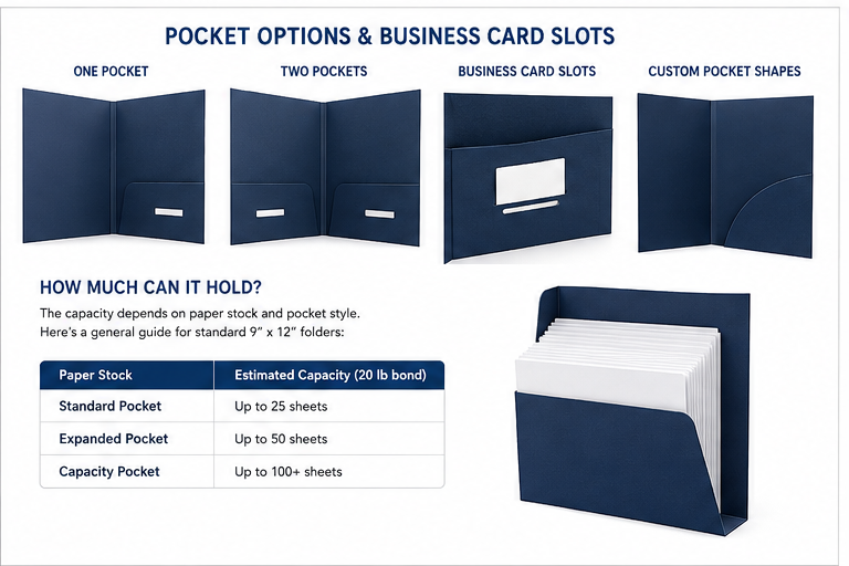 Presentation folder pocket options with one pocket, two pockets and business card slots