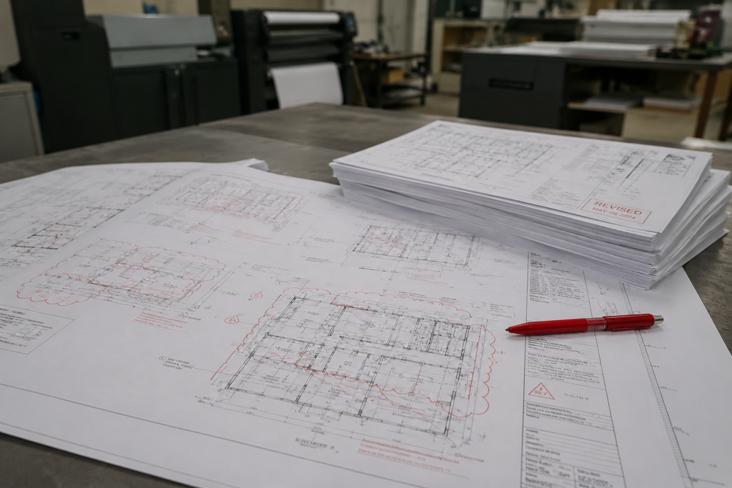 Revised construction drawings with marked changes and updated plan sheets