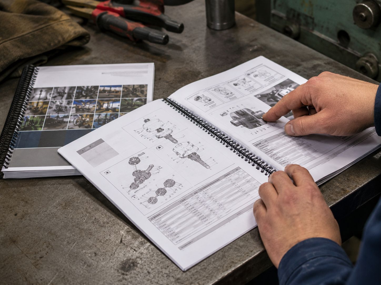 Open technical manual on a workbench with a worker reviewing equipment diagrams and printed instructions